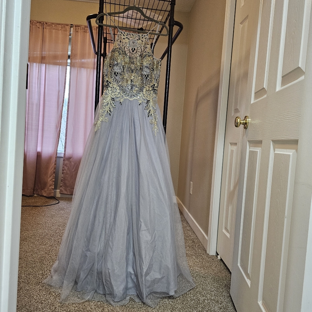 Betsy Adam Ball Gown Gray Embellished Gems Tulle